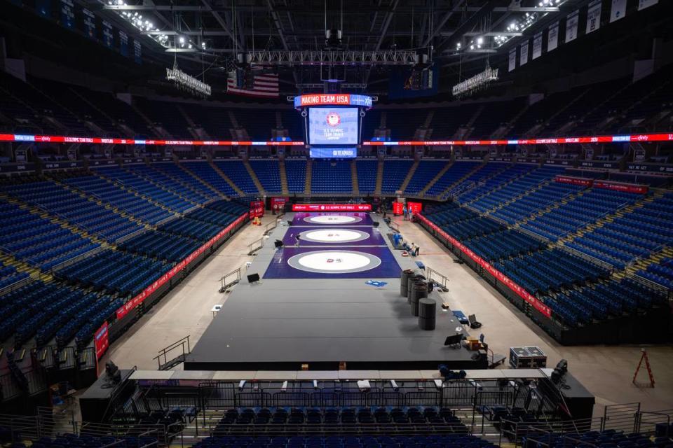 Setup for the U.S. Olympic Team Trials for wrestling is underway at the Bryce Jordan Center on Wednesday.