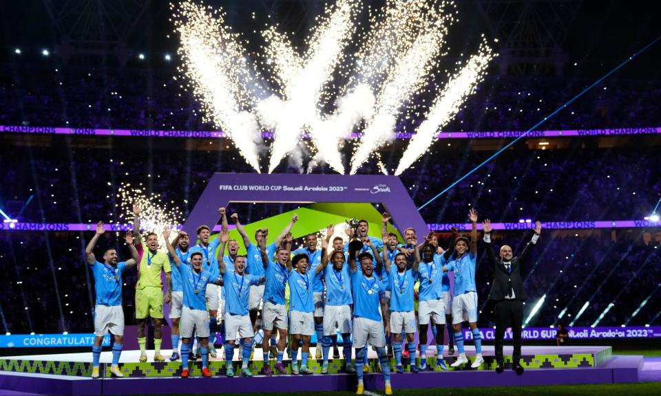 <span><a class="link " href="https://sports.yahoo.com/soccer/teams/man-city/" data-i13n="sec:content-canvas;subsec:anchor_text;elm:context_link" data-ylk="slk:Manchester City;sec:content-canvas;subsec:anchor_text;elm:context_link;itc:0">Manchester City</a> celebrate after winning the most recent Club World Cup, in <a class="link " href="https://sports.yahoo.com/soccer/teams/saudi-arabia/" data-i13n="sec:content-canvas;subsec:anchor_text;elm:context_link" data-ylk="slk:Saudi Arabia;sec:content-canvas;subsec:anchor_text;elm:context_link;itc:0">Saudi Arabia</a> last December.</span><span>Photograph: Jose Breton/NurPhoto/Shutterstock</span>