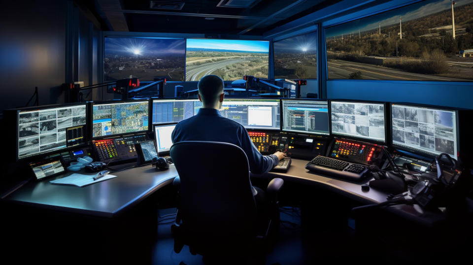 A control center equipped with the company's camera systems, vehicle lightbars, industrial signaling equipment, and first responder interoperable communications.