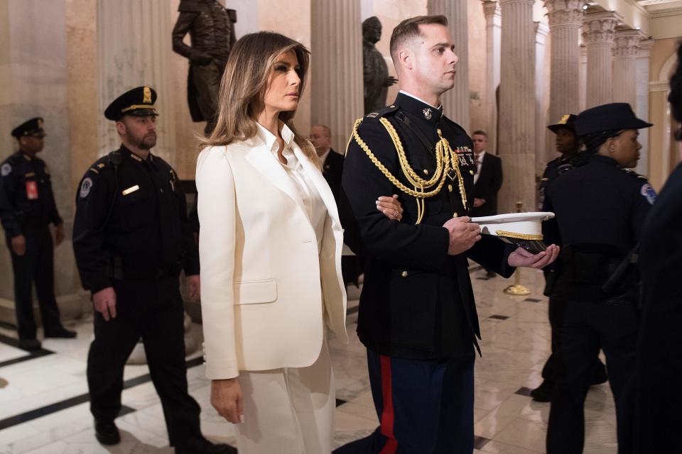 Melania Trump&nbsp;leaves the&nbsp;Capitol after her husband delivers his State of the Union address Tuesday night. (Photo: JIM WATSON via Getty Images)