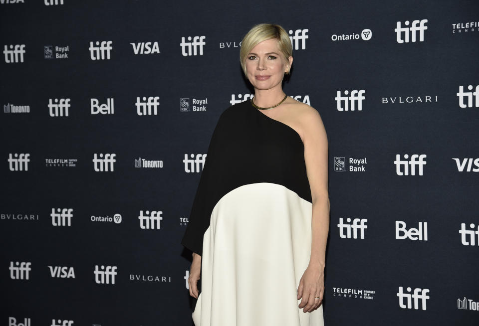 Michelle Williams attends the premiere of "The Fabelmans" at the Princess of Wales Theatre during the Toronto International Film Festival, Saturday, Sept. 10, 2022, in Toronto. (Photo by Evan Agostini/Invision/AP)