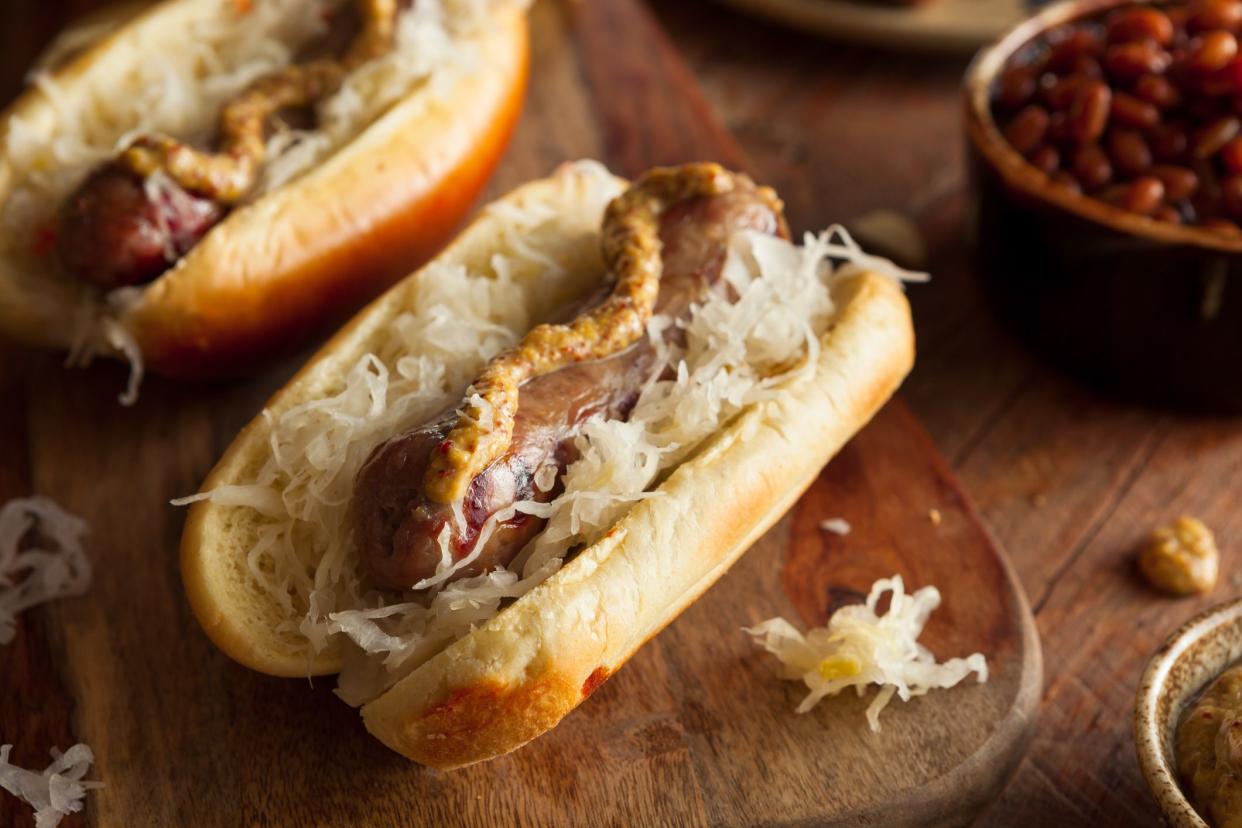 Beer Bratwurst with Sauerkraut and Spicy Mustard