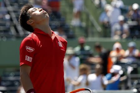Mar 26, 2017; Miami, FL, USA; Kei Nishikori of Japan reacts after his match against Fernando Verdasco of Spain (not pictured) on day six of the 2017 Miami Open at Crandon Park Tennis Center. Mandatory Credit: Geoff Burke-USA TODAY Sports