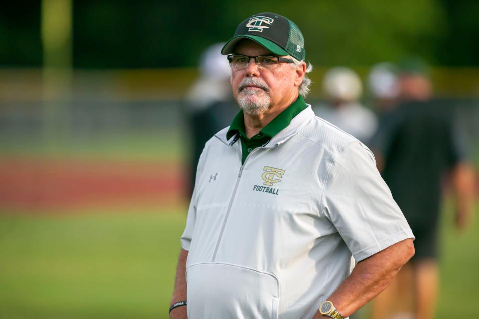 Trinity Catholic coach John Brantley before the preseason game against Buchholz on Aug. 19, 2022, in Ocala.