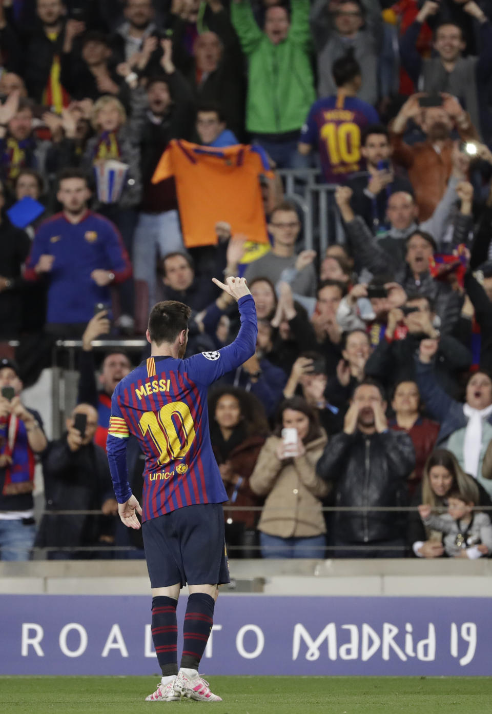 Barcelona's Lionel Messi celebrates after scoring his side's second goal during the Champions League semifinal, first leg, soccer match between FC Barcelona and Liverpool at the Camp Nou stadium in Barcelona, Spain, Wednesday, May 1, 2019. (AP Photo/Emilio Morenatti)