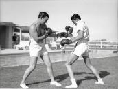 <p>Actor Cary Grant (right), star of Alfred Hitchcock's <em>North by Northwest</em>, learns some boxing moves in preparation for a new film, May 6, 1935.</p>