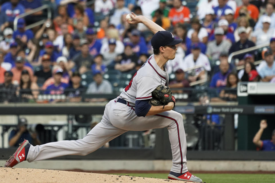 Atlanta Braves pitcher Max Fried delivers during the first inning of the team's baseball game against the New York Mets, Wednesday, July 28, 2021, in New York. (AP Photo/Mary Altaffer)