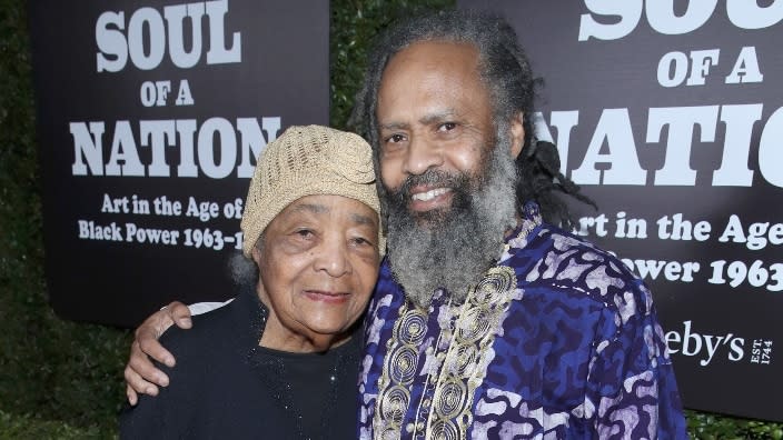 This March 2019 photo shows Dr. Samella Lewis (left) and her son, Claude Lewis (right) at The Broad Museum celebration for the opening of “Soul Of A Nation: Art in the Age of Black Power 1963-1983” at The Broad in Los Angeles. (Photo: Randy Shropshire/Getty Images for The Broad Museum)