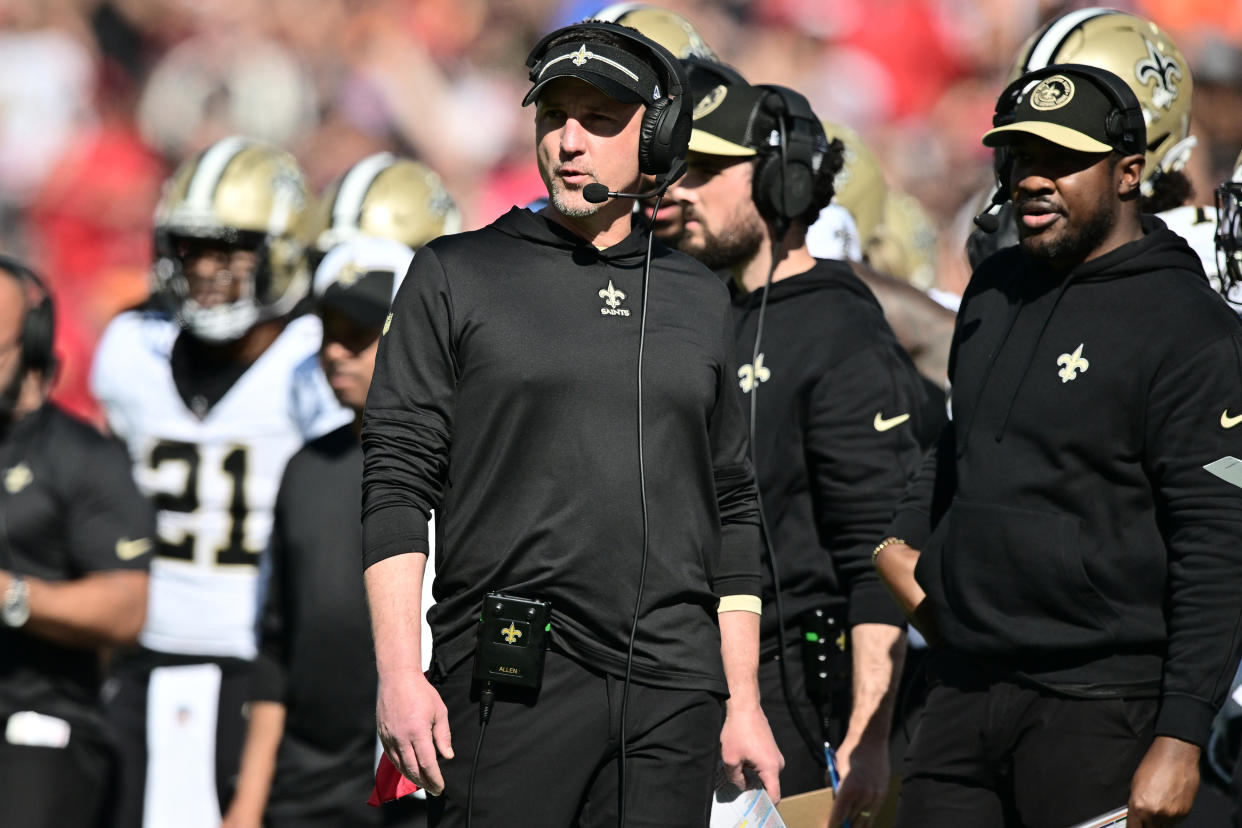 Head coach Dennis Allen and the Saints have the NFL's worst salary cap situation. (Photo by Julio Aguilar/Getty Images)