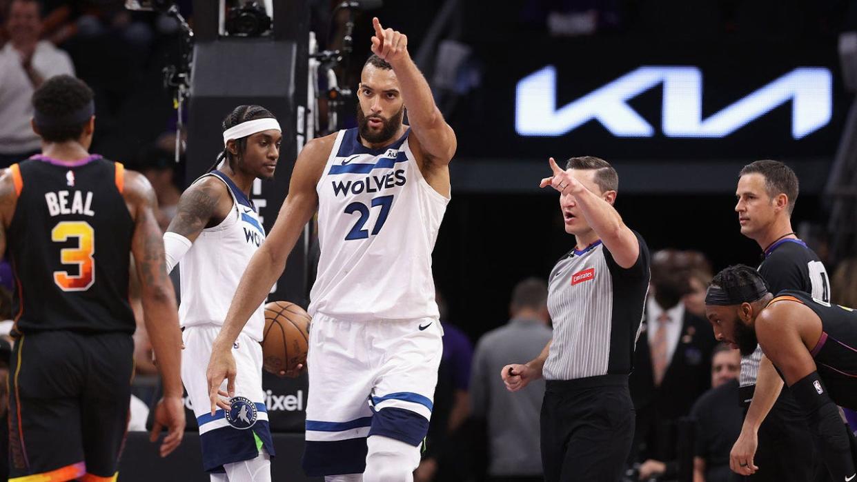 <div>Rudy Gobert #27 of the Minnesota Timberwolves reacts during the second half of game three of the Western Conference First Round Playoffs at Footprint Center on April 26, 2024 in Phoenix, Arizona. The Timberwolves defeated the Suns 126-109.</div> <strong>(Christian Petersen / Getty Images)</strong>