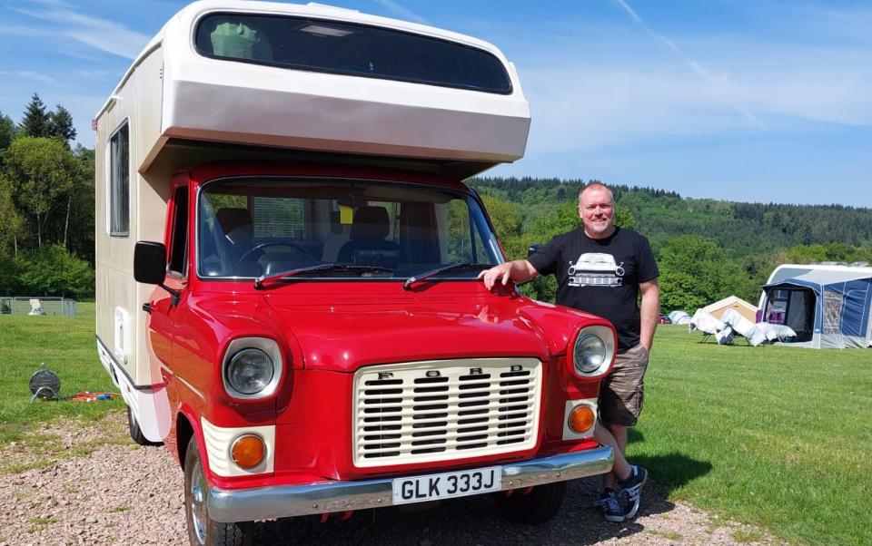 Danny Webb with his Ford Transit CI Mk1 motorhome conversion. The period 1970s colours complement each other