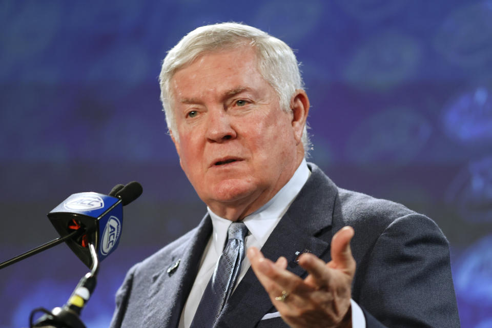 North Carolina head coach Mack Brown answers a question at the NCAA college football Atlantic Coast Conference Media Days in Charlotte, N.C., Thursday, July 21, 2022. (AP Photo/Nell Redmond)