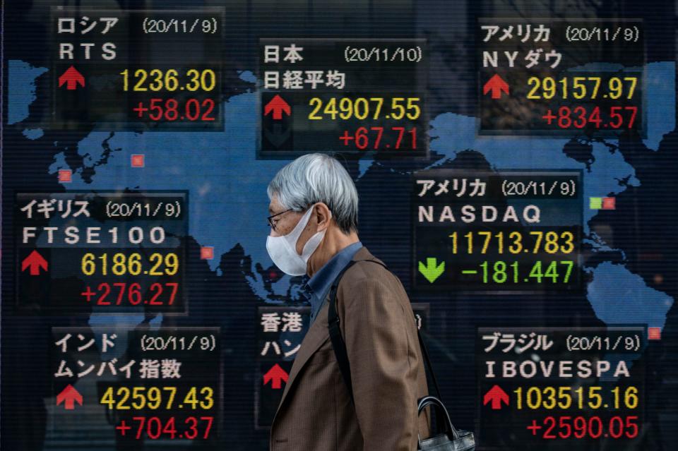 A man walks past an electronic board displaying the Nikkei 225 index in Tokyo, Japan. Photo: Philip Fong/AFP via Getty Images