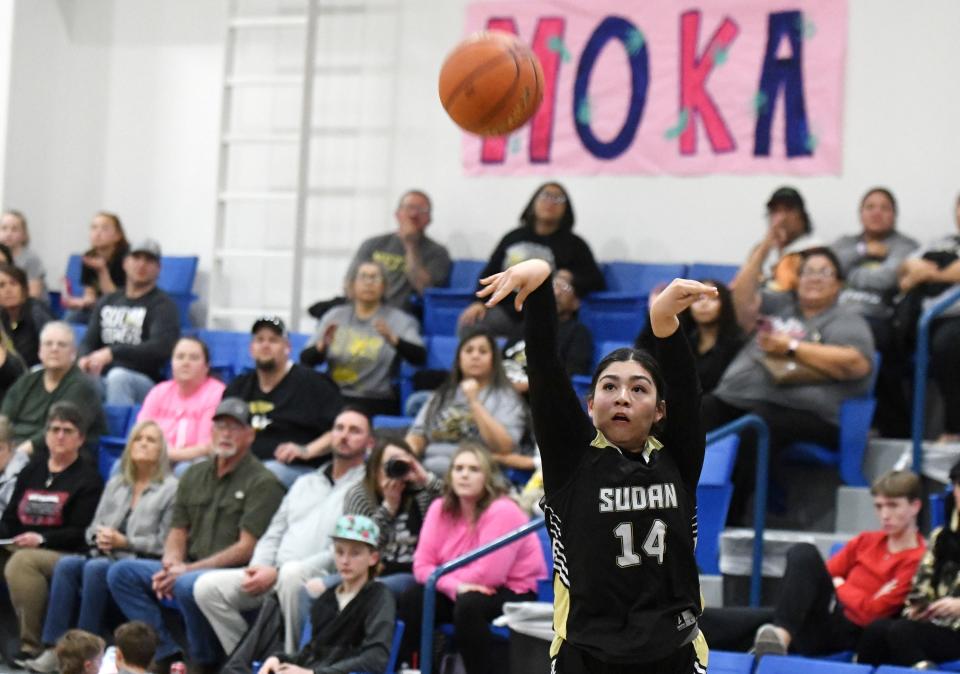 Sudan's Blessy Montes shoots against Hale Center in a District 4-2A basketball game, Tuesday, Jan. 30, 2024, at Hale Center High School in Hale Center.