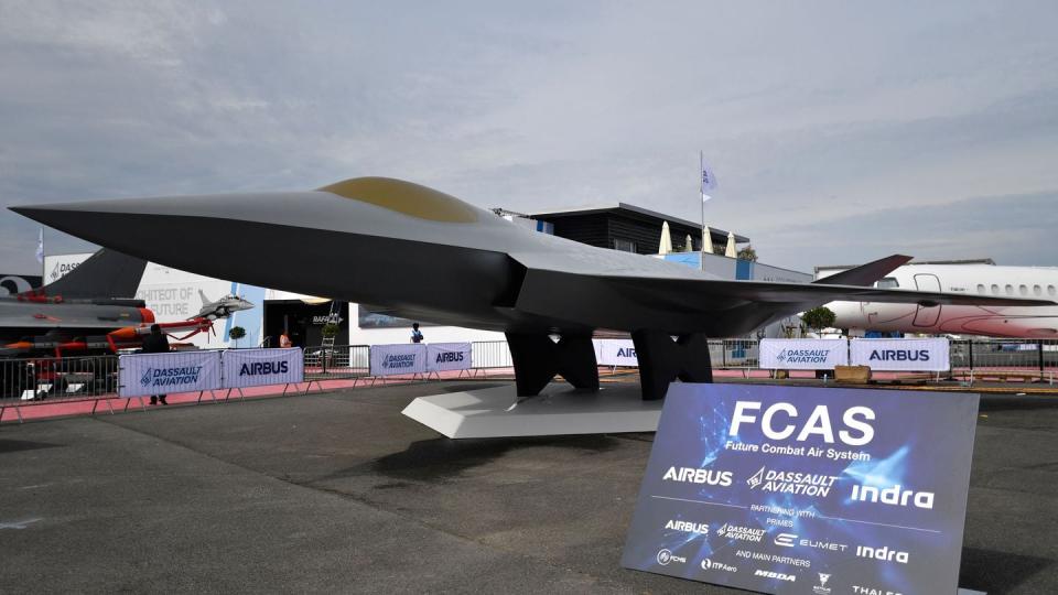 A mock-up of a new-generation fighter for the Future Combat Air System program was on display during the 2023 Paris Air Show. (Julien de Rosa/AFP via Getty Images)