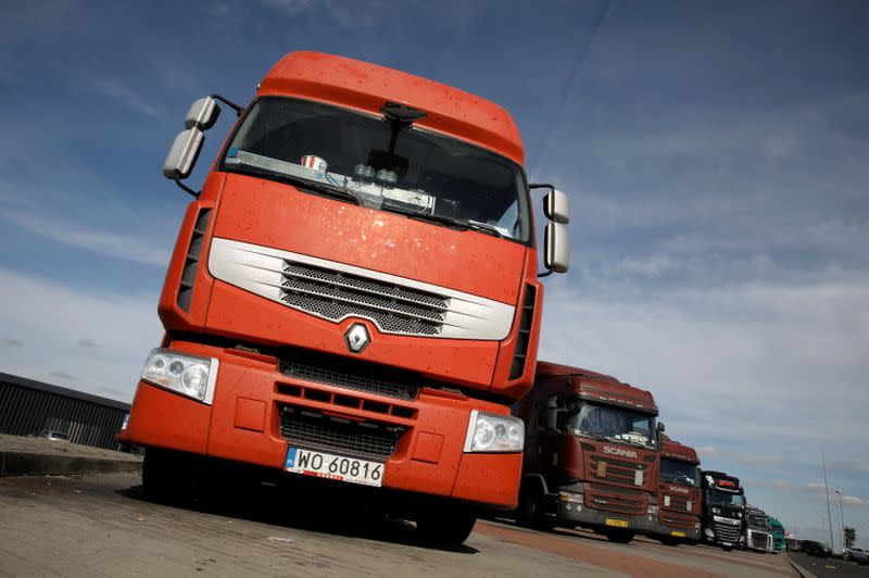 Trucks park at the highway A2 parking near Warsaw