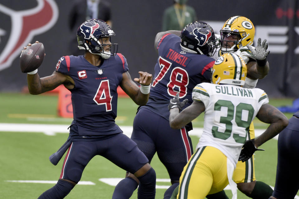 Houston Texans quarterback Deshaun Watson (4) throws during the first half of an NFL football game against the Green Bay Packers Sunday, Oct. 25, 2020, in Houston. (AP Photo/Eric Christian Smith)