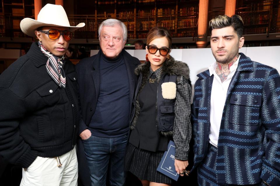 paris, france january 19 editorial use only for non editorial use please seek approval from fashion house l r pharrell williams, sidney toledano, rita ora and zayn malik attend the kenzo menswear fallwinter 2024 2025 show as part of paris fashion week on january 19, 2024 in paris, france photo by pascal le segretaingetty images