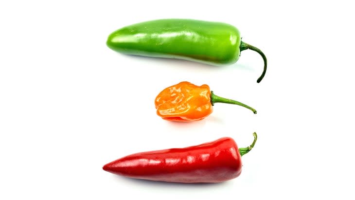 Jalapeno, Habanero, and Red Chili Pepper on white background