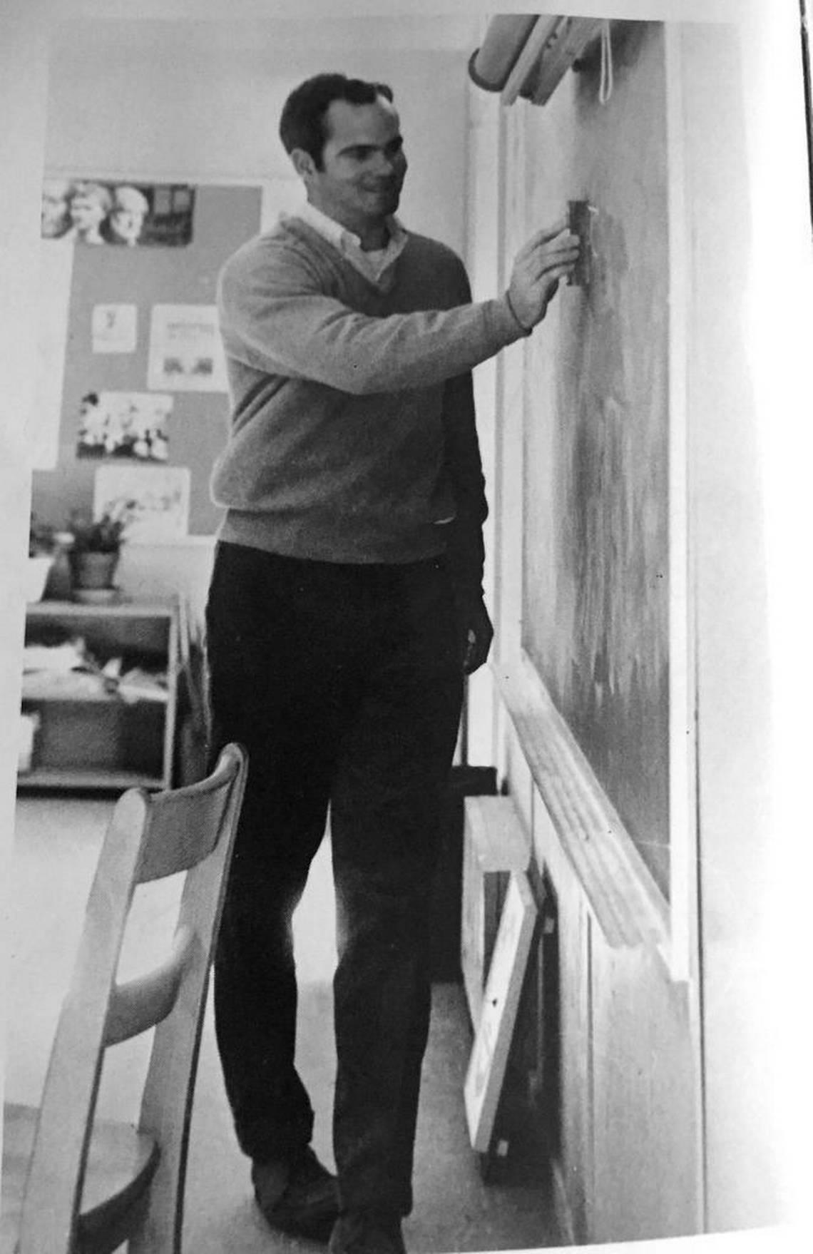 A photo of Pat Conroy erasing a chalkboard that appears in the 1969 Beaufortonian, the yearbook for Beaufort High School.