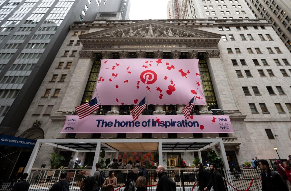 The Pinterest Inc.logo is seen outside the New York Stock Exchange (NYSE) during the company's IPO on April 18, 2019 in New York City. (Photo by Johannes EISELE / AFP)        (Photo credit should read JOHANNES EISELE/AFP/Getty Images)