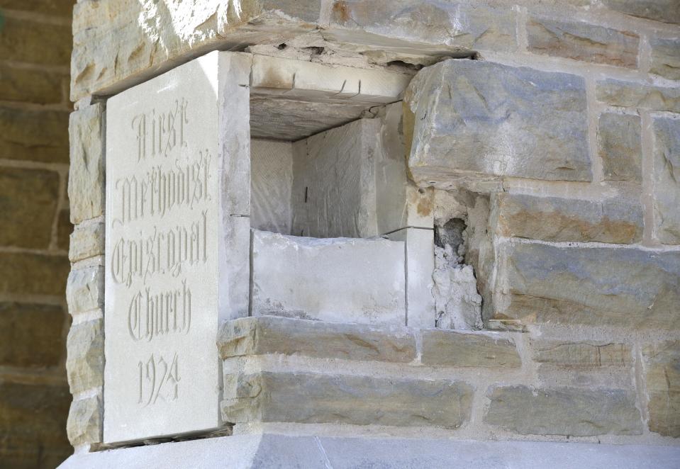 This is the cornerstone where a time capsule was removed at First United Methodist Church Tuesday, October 3, 2023, in Appleton, Wis. The church is celebrating its 175th anniversary on Sunday, October 8, 2023.