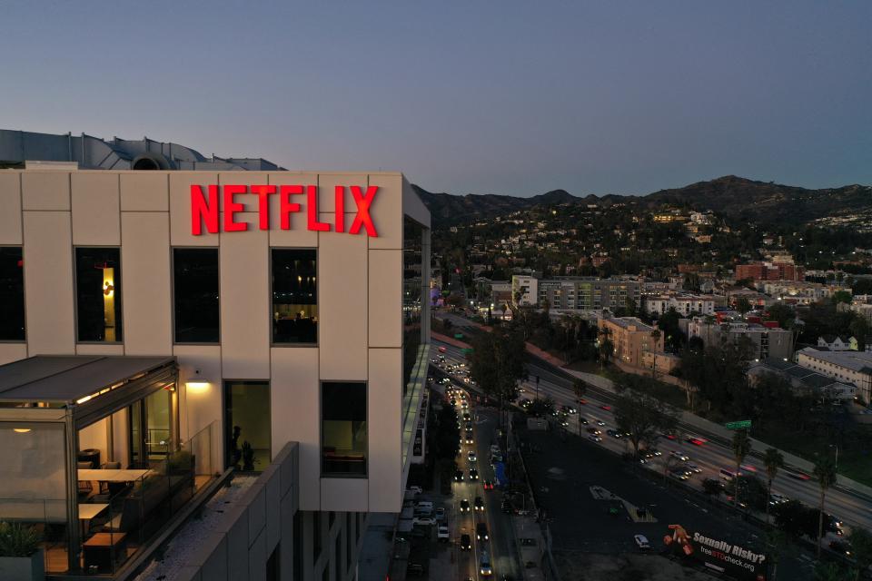 The Netflix logo is seen on top of its office building in Hollywood, California in 2022.