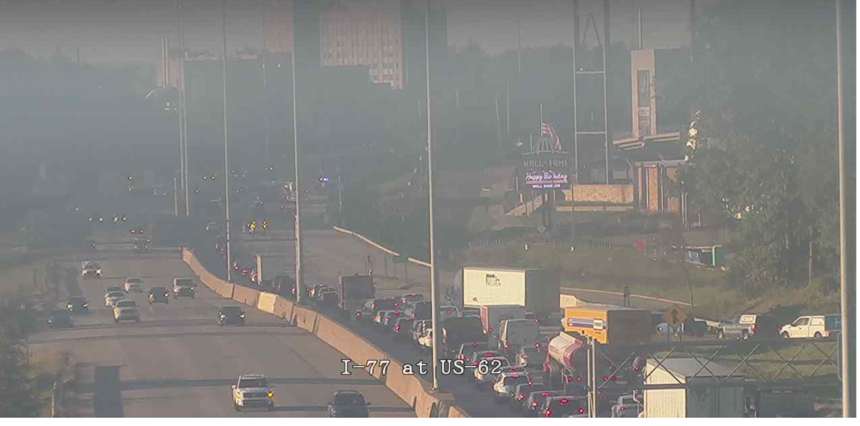 An Ohio Department of Transportation camera shows stopped traffic along southbound Interstate 77 in Canton at 8 a.m. Friday following an accident. City police reported two lanes are closed.