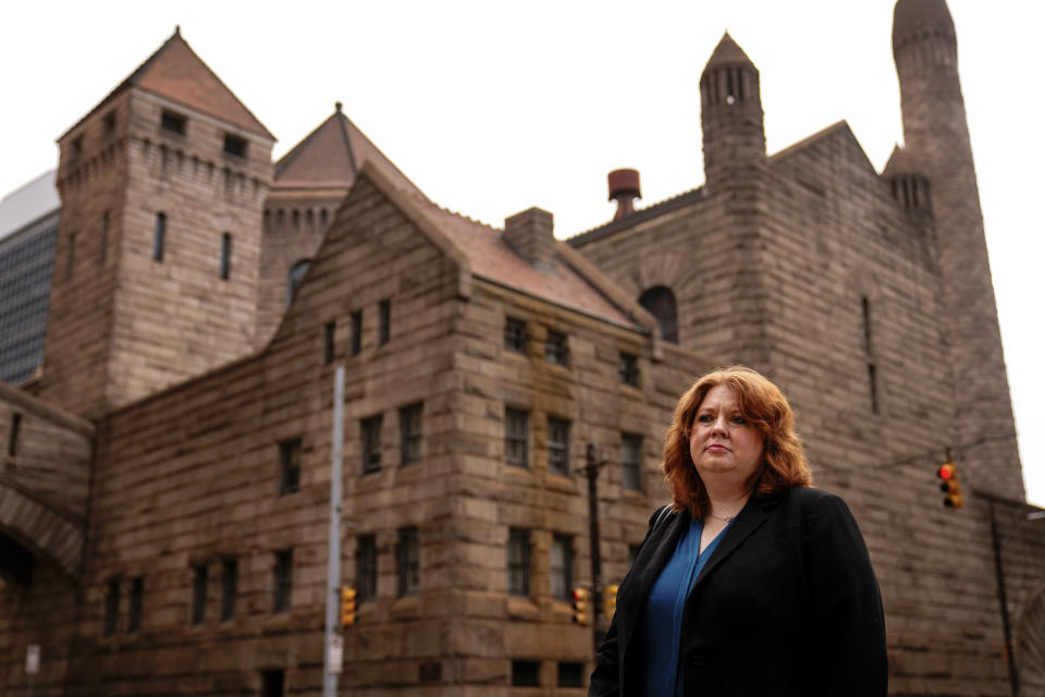 Attorney Robin Frank poses for a photograph outside the Family Law Center in Pittsburgh, Thursday, March 17, 2022. A longtime family law attorney, Frank fights for parents at one of their lowest points – when they risk losing their children. (AP Photo/Matt Rourke)