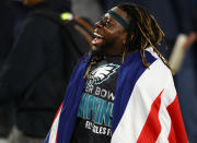 <p>Jay Ajayi #36 of the Philadelphia Eagles celebrates defeating the New England Patriots 41-33 in Super Bowl LII at U.S. Bank Stadium on February 4, 2018 in Minneapolis, Minnesota. (Photo by Gregory Shamus/Getty Images) </p>