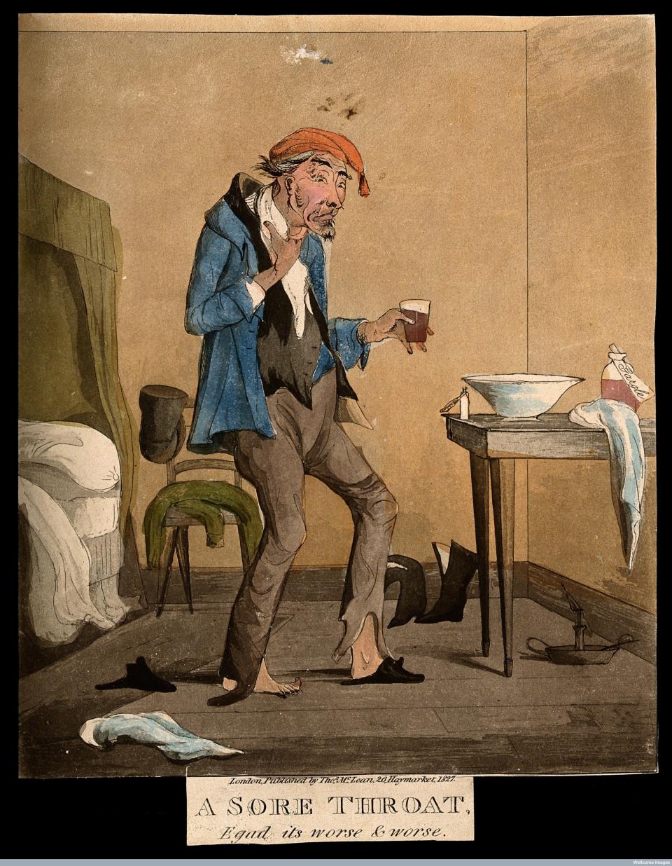 An ill man taking a gargling mixture for a sore throat. Colored aquatint, 1827, by Ego after H. Pyall.