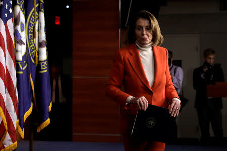 FILE PHOTO: House Minority Leader Nancy Pelosi (D-CA) leaves after her weekly news conference on Capitol Hill in Washington, U.S., November 15, 2018. REUTERS/Yuri Gripas