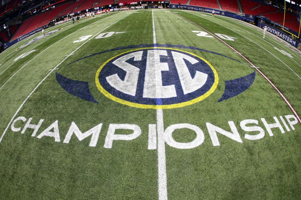 Detailed view of the SEC Championship logo on the field before the SEC championship game between the Georgia Bulldogs and Alabama Crimson Tide at Mercedes-Benz Stadium.