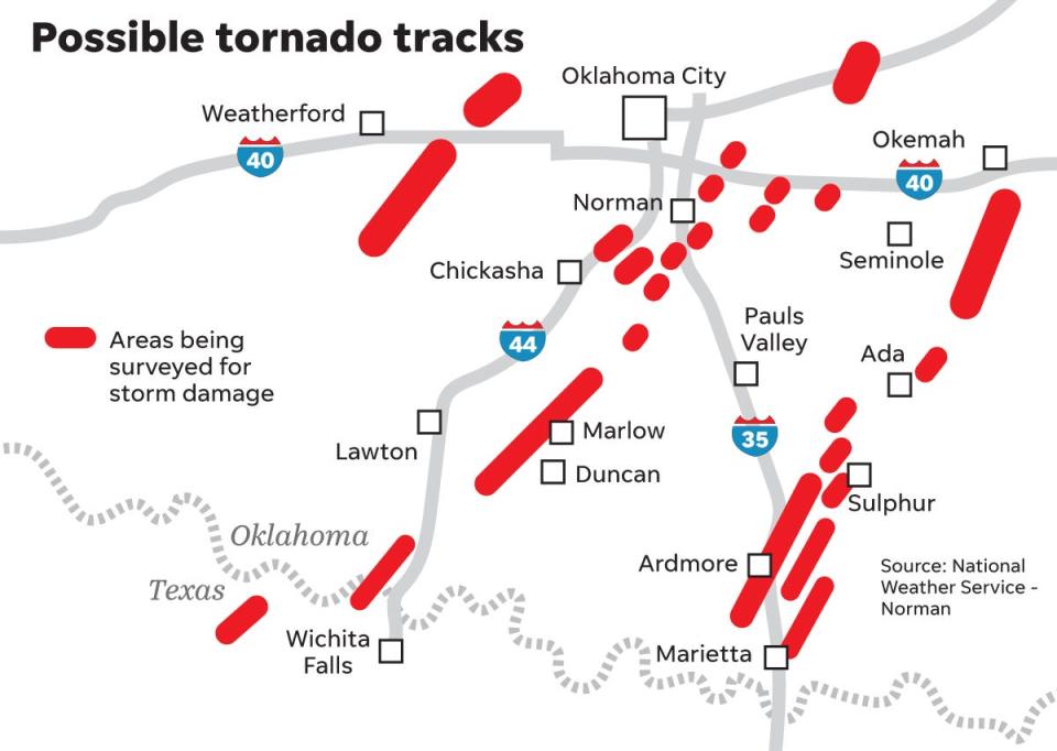 This map shows where National Weather Service investigators are surveying storm damage after severe weather April 27, 2024. More than 30 possible storm tracks were observed and these surveys will help meteorologists confirm whether a tornado was present, and if so, how strong it was.