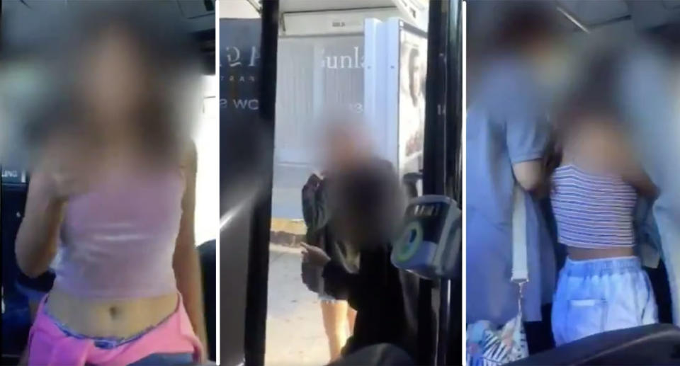 The Gold Coast teenage girls can be seen here with their faces blurred while harassing passengers on a bus.