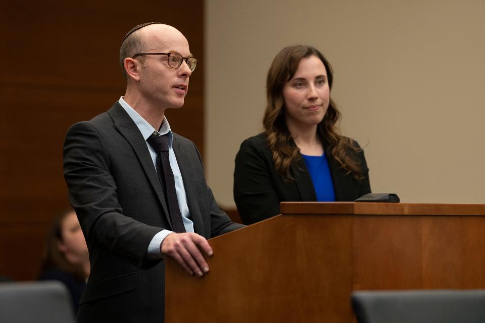 Ranaan Lefkovitz, president of the Columbus Torah Academy board of trustees, read a statement Tuesday before the sentencing of former Ohio Army National Guardman Thomas DeVelin, 25, in Franklin County Common Pleas Court.