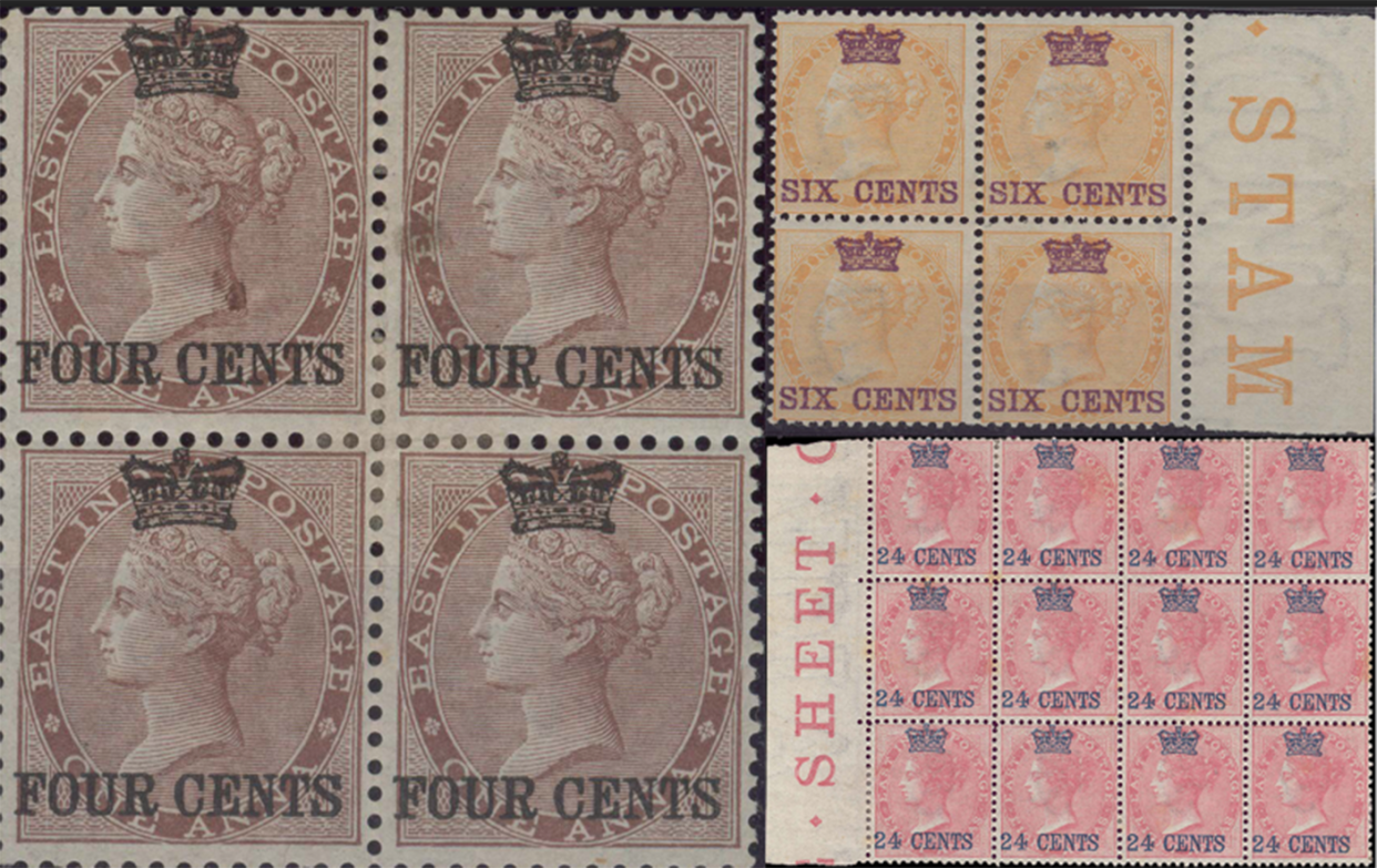 Block of unused 1-anna stamps featuring Queen Victoria. (Photos: Singapore Philatelic Museum)