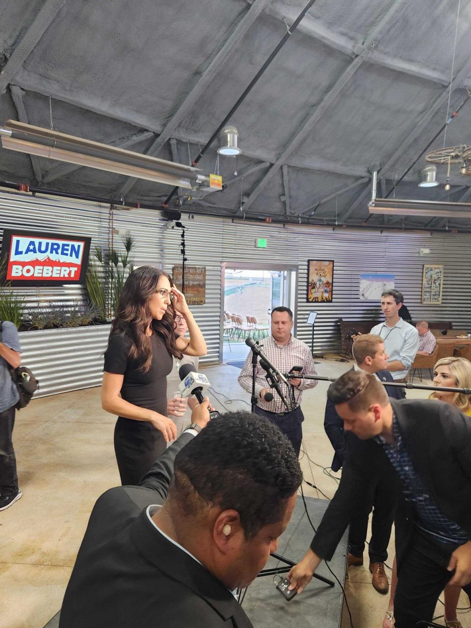 Lauren Boebert speaks to reporters after winning her primary Tuesday evening in Windsor, Colorado (John Bowden)