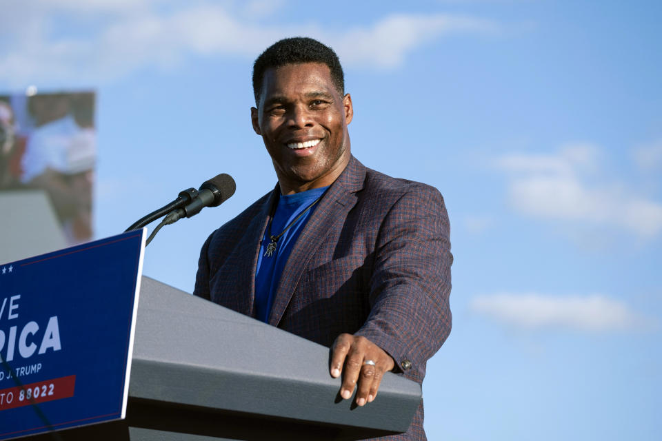 FILE - In this Sept. 25, 2021, file photo Senate candidate Herschel Walker speaks during former President Donald Trump's Save America rally in Perry, Ga. Senate Minority Leader Mitch McConnell on Wednesday, Oct. 27, endorsed Herschel Walker’s Republican primary bid for a Senate seat in Georgia. (AP Photo/Ben Gray, File)