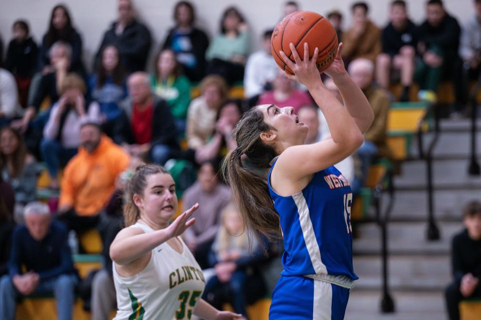 West Boylston's Maddie Pitro makes a layup during the Clinton Holiday Tournament on Friday.