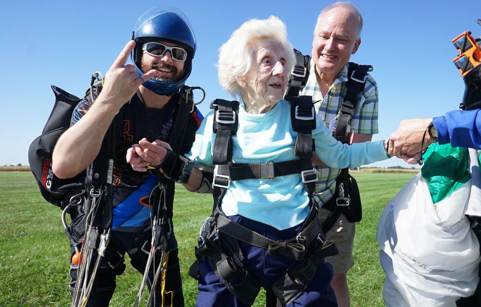 Hoffner celebrates after a smooth landing following her skydive. (Courtesy Daniel Wilsey High Flight LLC)