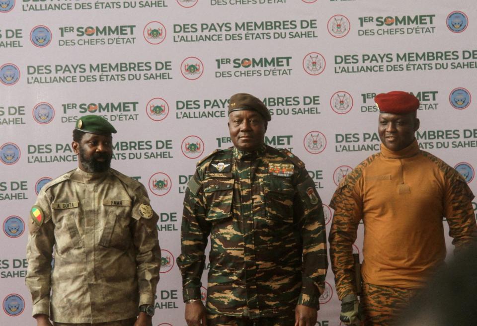 Heads of state of Mali, Assimi Goita, Niger, General Abdourahamane Tiani and Burkina Faso, Captain Ibrahim Traore, pose for photographs during the first ordinary summit of heads of state and governments of the Alliance of Sahel States (REUTERS)