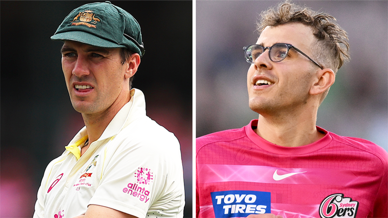 Pat Cummins (pictured left) during a Test and (pictured right) Todd Murphy celebrating.