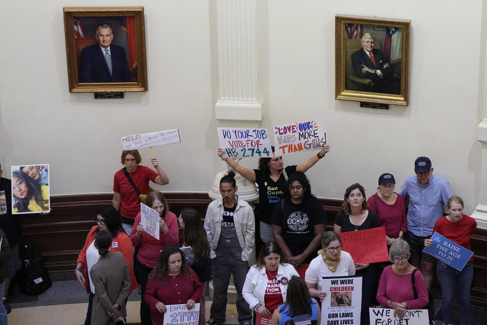 Protesters gather at the Texas State Capitol in Austin, Texas, Monday, May 8, 2023, to call for tighter regulations on gun sales. A gunman killed several people at a Dallas-area mall Saturday. (AP Photo/Eric Gay)