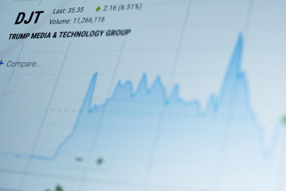 The stock price chart for the Trump Media and Technology Group on the NASDAQ website is seen on a computer screen in New York on Friday, April 19, 2024. (AP Photo/Patrick Sison)