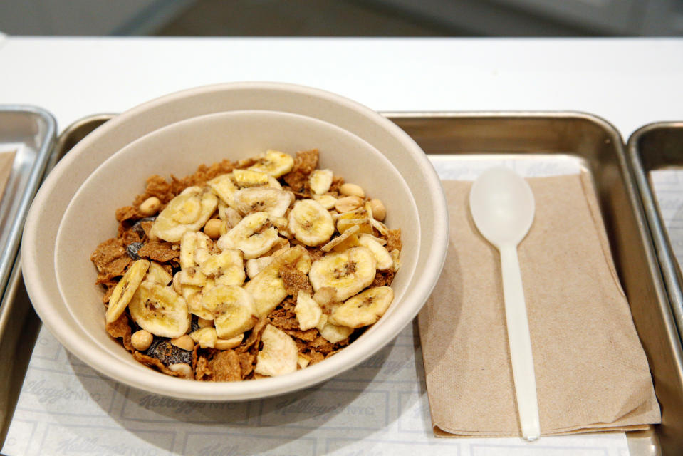 A bowl of 'The Circus' cereal, which is Raisin Bran with toasted peanuts and banana chips, is displayed at the Kellogg's NYC cafe in Midtown Manhattan in New York City, U.S., June 29, 2016. REUTERS/Brendan McDermid