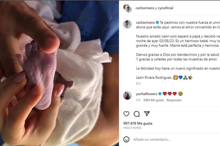 La publicación de Carlos Rivera para darle la bienvenida a su hijo León