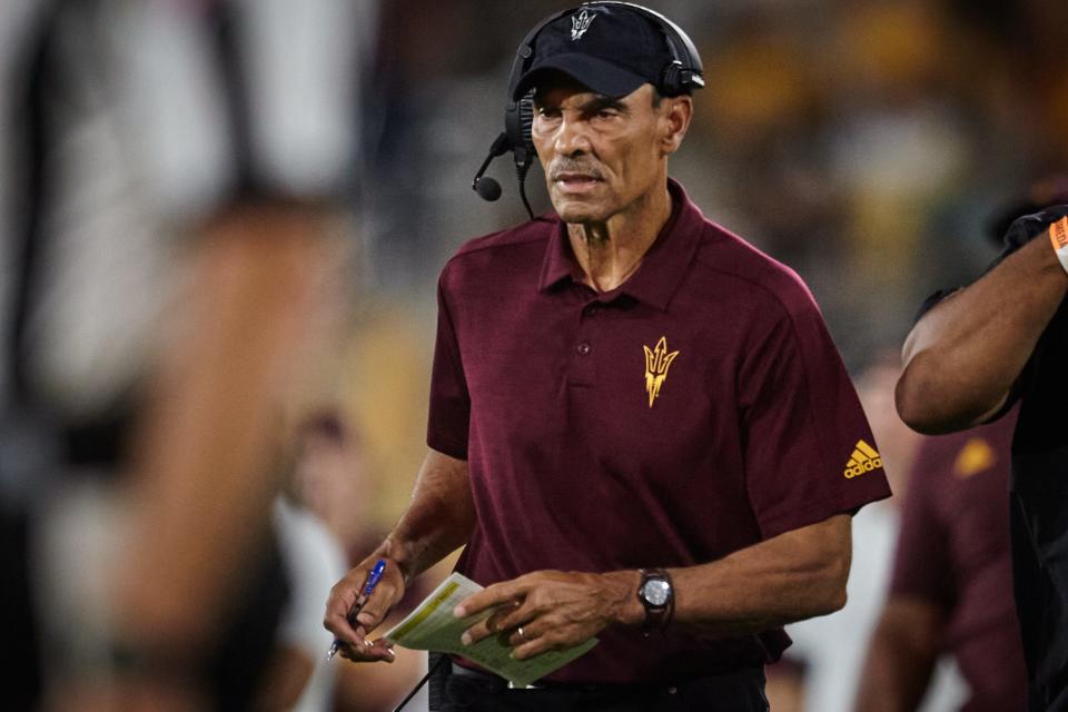 Sep 17, 2022; Tempe, Arizona, USA; Arizona State Sun Devils head coach Herm Edwards walks the sidelines as his team plays the Eastern Michigan Eagles at Sun Devil Stadium in Tempe.