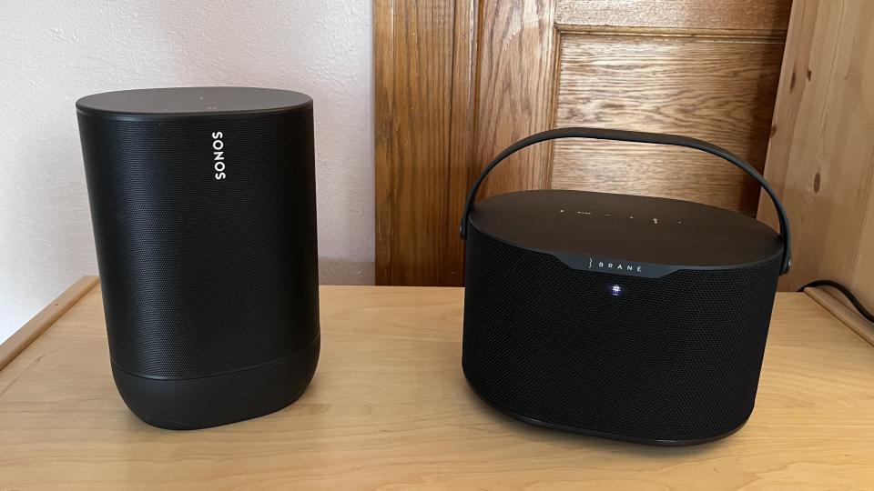 Brane X speaker on shelf next to Sonos Move speaker