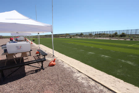 Outdoor facility at a tent city set up to hold immigrant children separated from their parents or who crossed the U.S. border on their own, is seen in Tornillo, Texas, U.S., in this U.S. Department of Health and Human Services (HHS) image released on October 12, 2018. Courtesy HHS/Handout via REUTERS